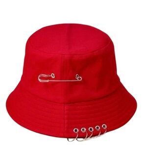 Stylish Red Bucket Hat with Safety Pin